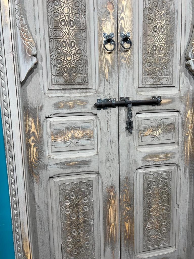 White Moroccan Carved Door , Wooden Door , Antique Door , Wall Decor , Double Carved Wooden White Door .