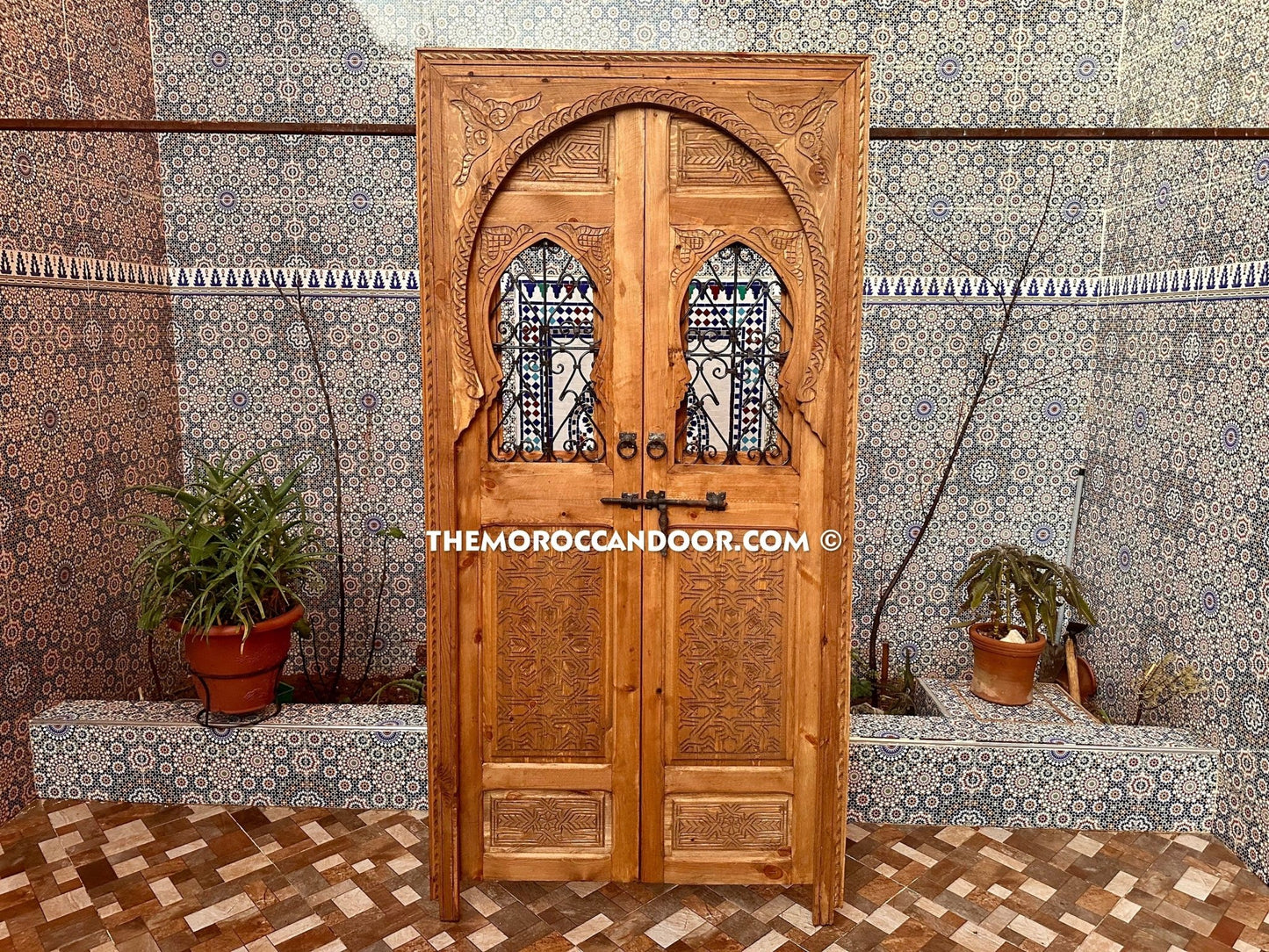 Exquisite Handcrafted Wood Door with Elegant Wrought Iron Windows - Hand-Carved Wood with Wrought Iron Windows.