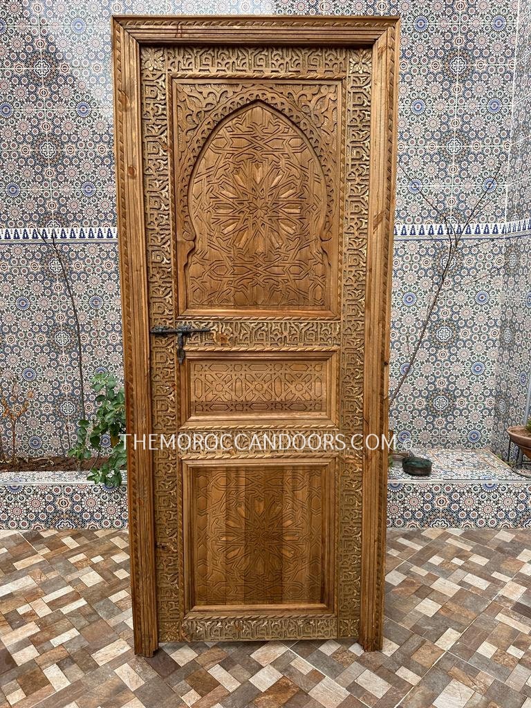 Carved Wooden Door Boho Style With Iron Carved Lock, Wooden Carved WRITING Door, Closet Interior Exterior Door.