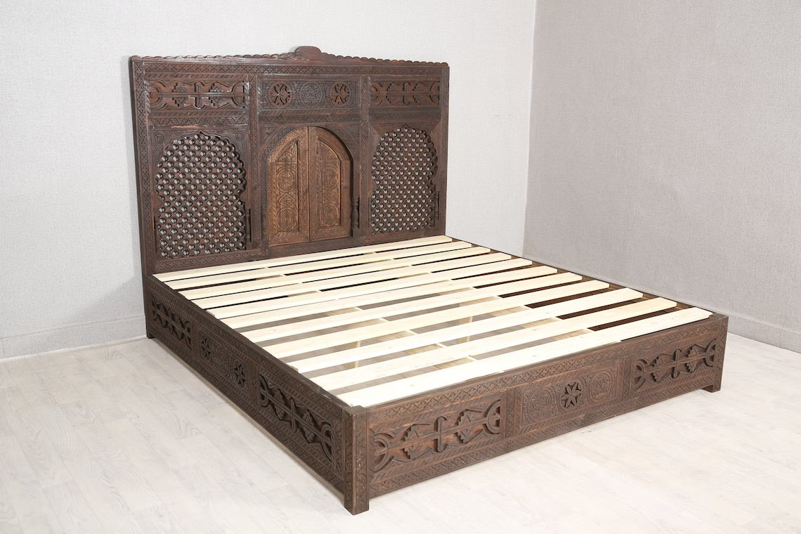 Moroccan-style wooden bed frame with a spacious storage area.
