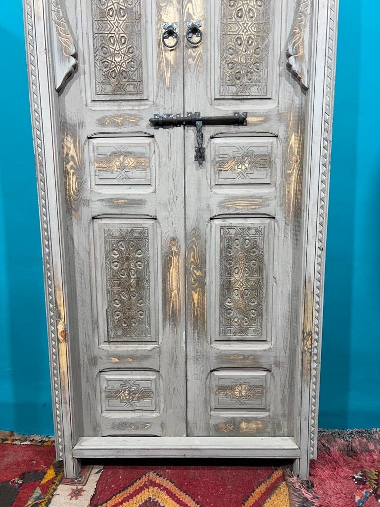 White Moroccan  Carved Door , Wooden Door , Antique Door , Wall Decor ,  Double Carved Wooden White Door .