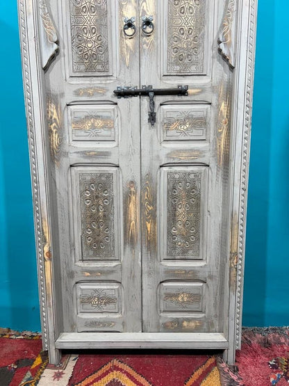 White Moroccan  Carved Door , Wooden Door , Antique Door , Wall Decor ,  Double Carved Wooden White Door .
