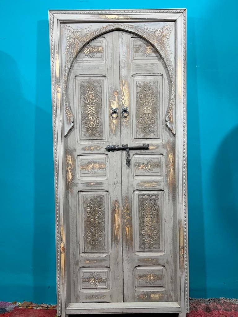 White Moroccan  Carved Door , Wooden Door , Antique Door , Wall Decor ,  Double Carved Wooden White Door .