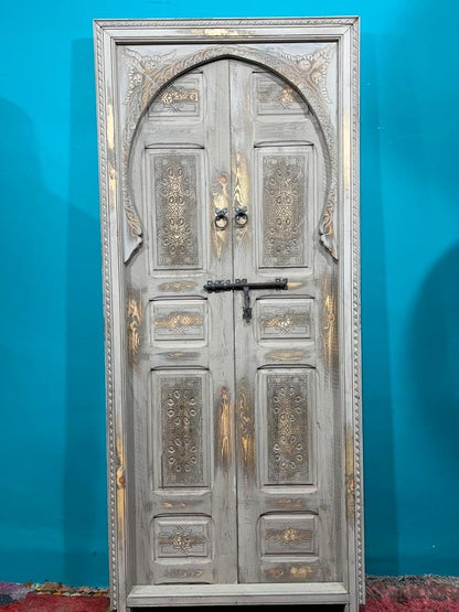 White Moroccan  Carved Door , Wooden Door , Antique Door , Wall Decor ,  Double Carved Wooden White Door .