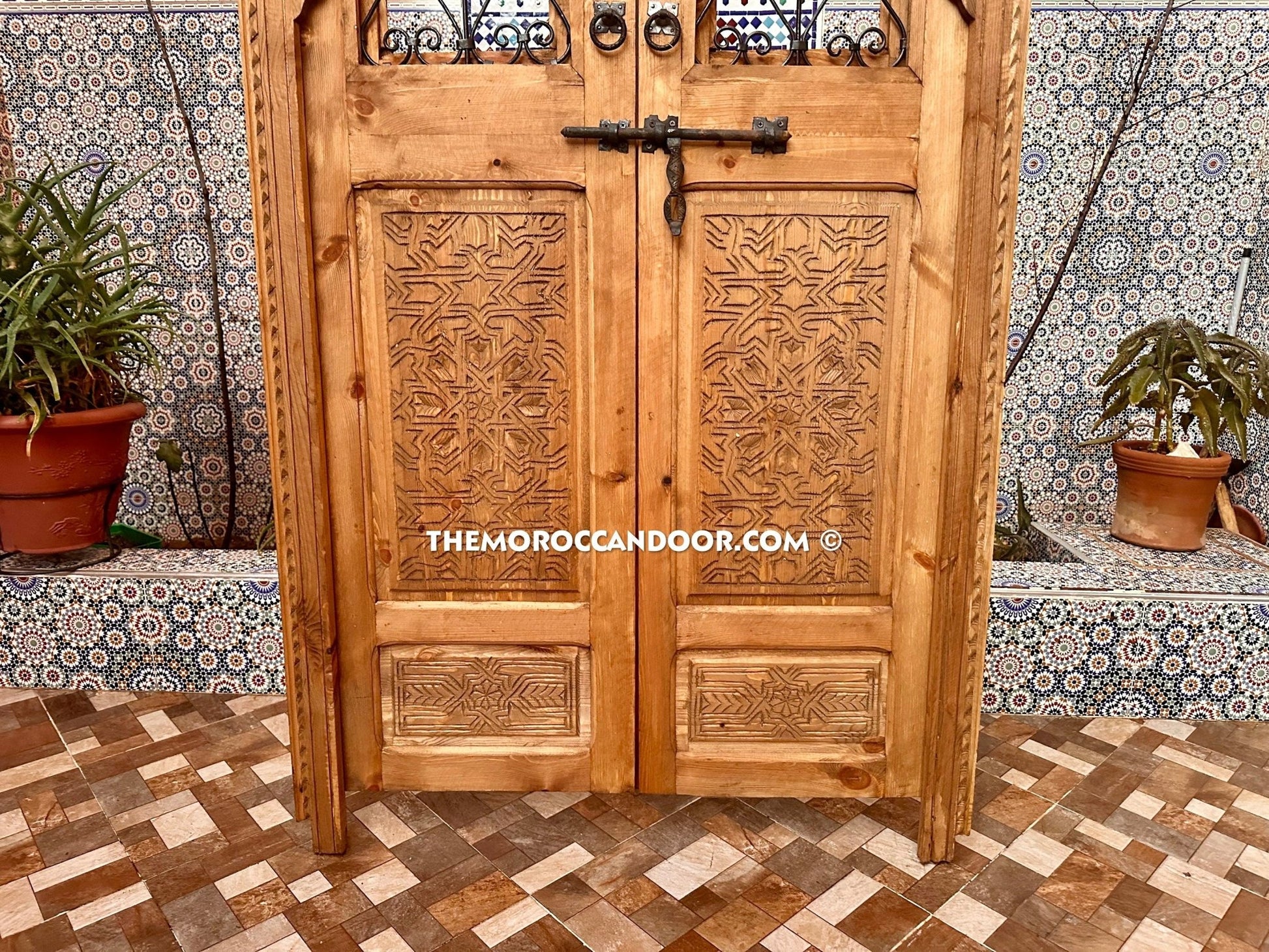 Exquisite Handcrafted Wood Door with Elegant Wrought Iron Windows - Hand-Carved Wood with Wrought Iron Windows.