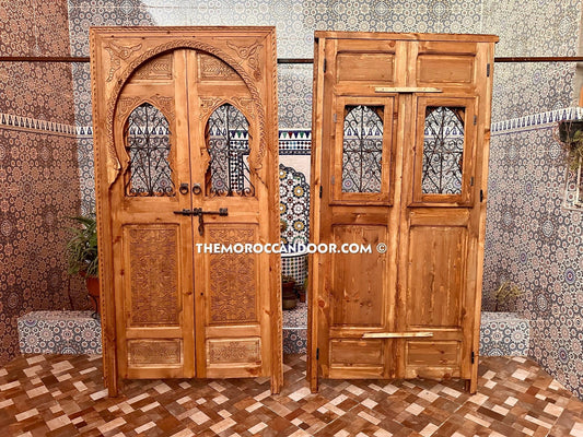 Exquisite Handcrafted Wood Door with Elegant Wrought Iron Windows - Hand-Carved Wood with Wrought Iron Windows.