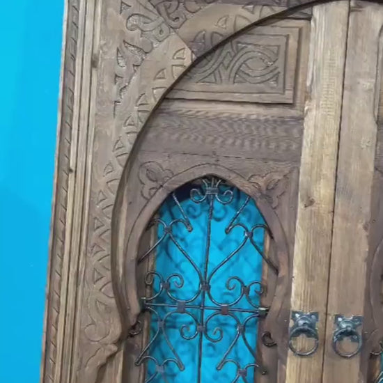 Wooden Carved Moroccan Door With Fer Forgé , Interior Exterior Door , Porte de grange .