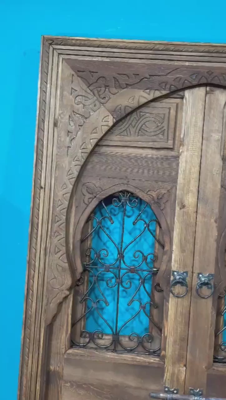 Wooden Carved Moroccan Door With Fer Forgé , Interior Exterior Door , Porte de grange .
