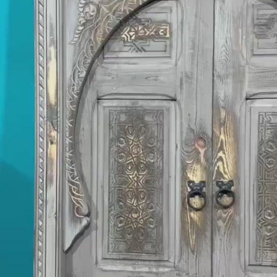 White Moroccan  Carved Door , Wooden Door , Antique Door , Wall Decor ,  Double Carved Wooden White Door .
