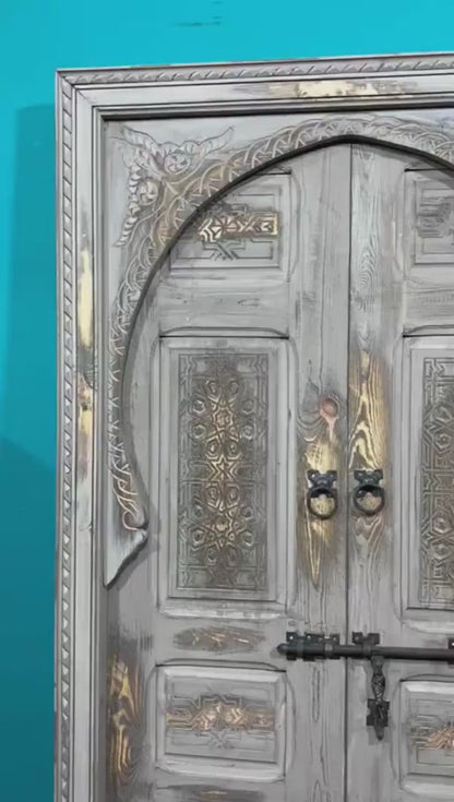 White Moroccan  Carved Door , Wooden Door , Antique Door , Wall Decor ,  Double Carved Wooden White Door .