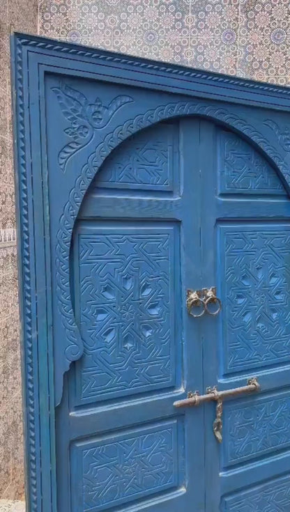 Wooden Carved Moroccan Door - Hand Painted, Distressed, Vintage, Antique, Blue Wooden Large Door Crafted with Best Quality of Wood